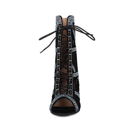 Bottines Bijoux à Talons Hauts – Bottines Lacées en Strass et