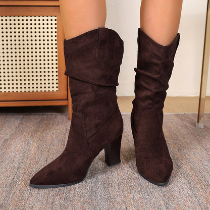 Bottes Hautes Effet Daim Froissé à Talon Bloc