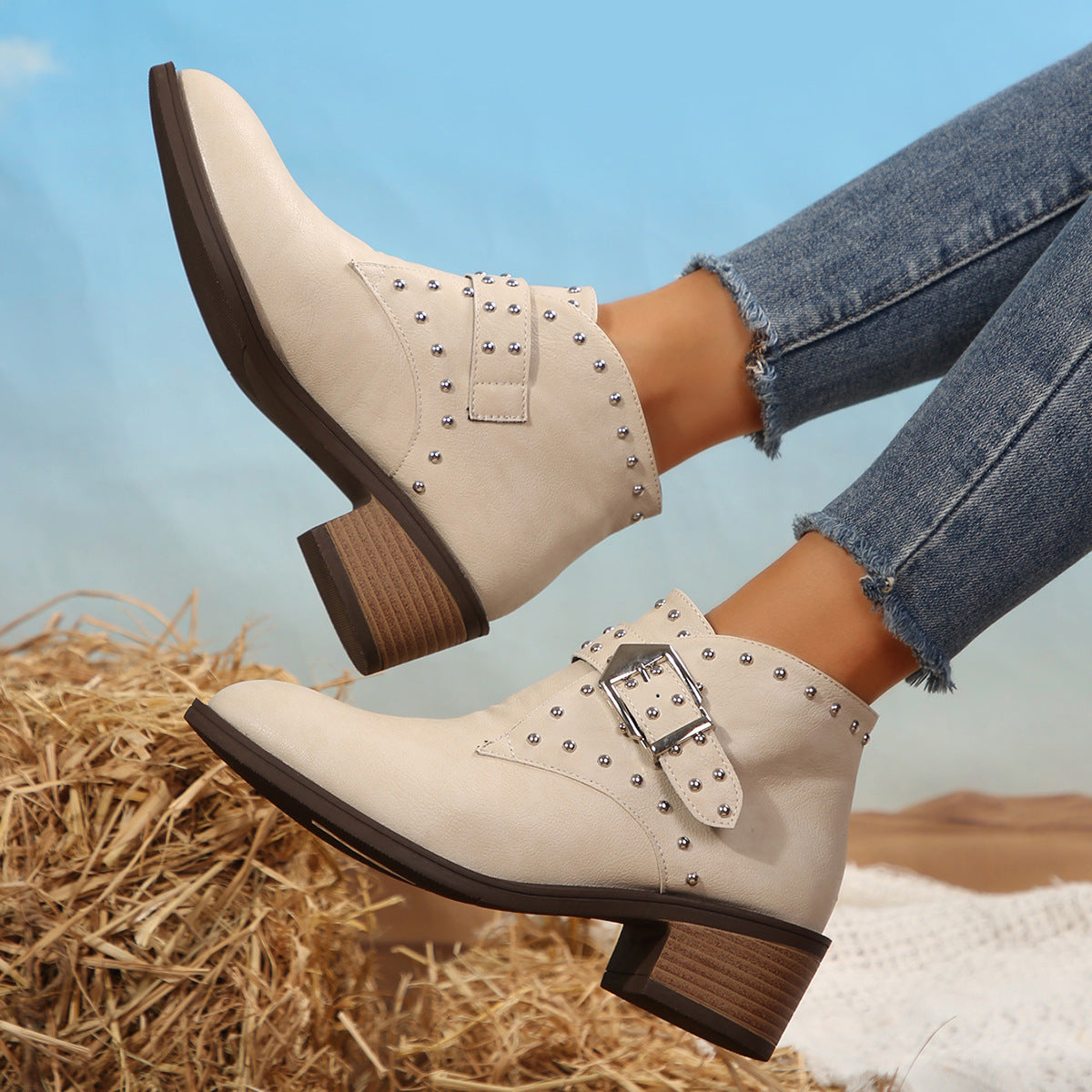 Bottines Clouées Style Western Boucle & Talon Bloc
