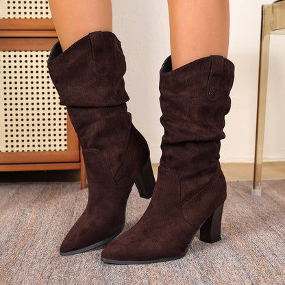 Bottes Hautes Effet Daim Froissé à Talon Bloc