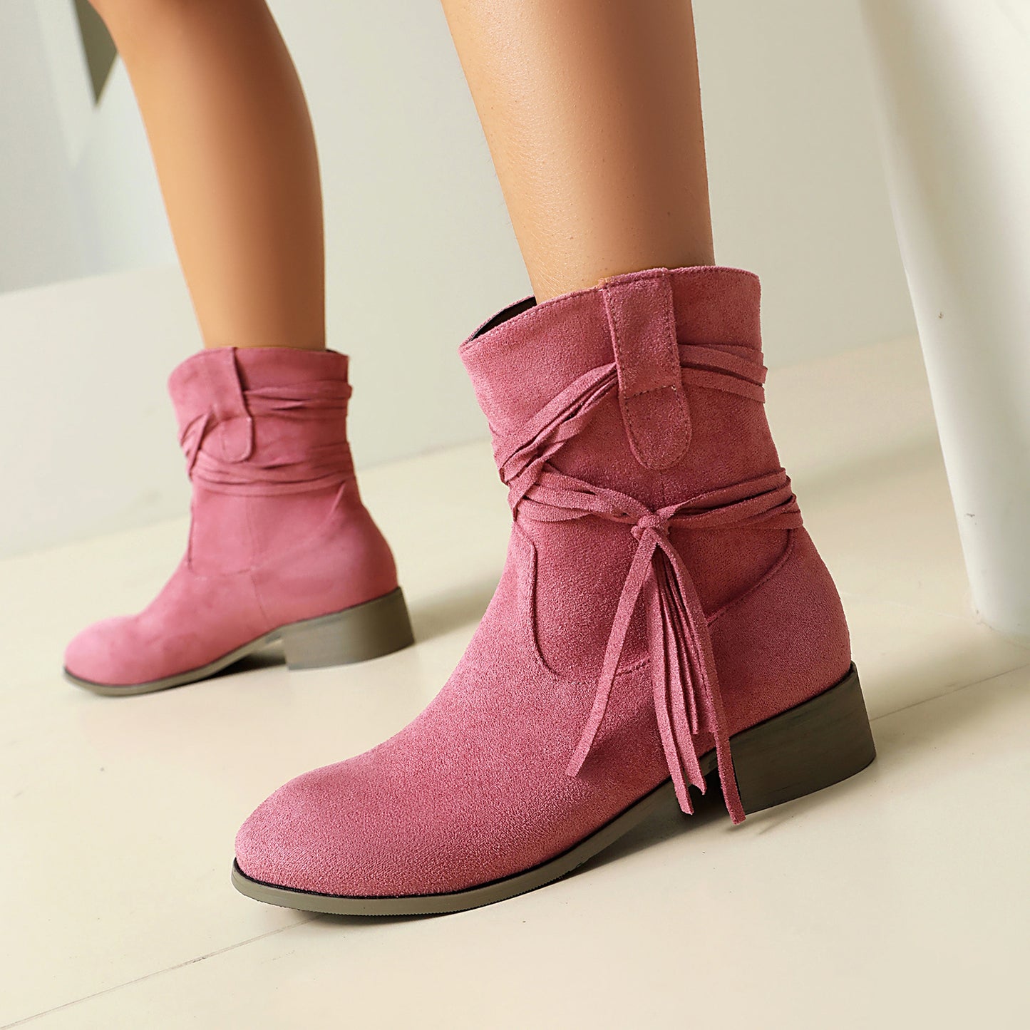 Bottines Daim Franges & Nœud Croisé