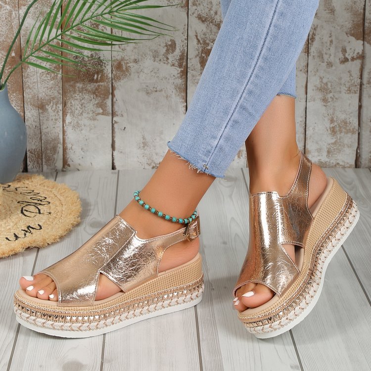 Sandales Compensées Métallisées Femme – Boucle Dorée &