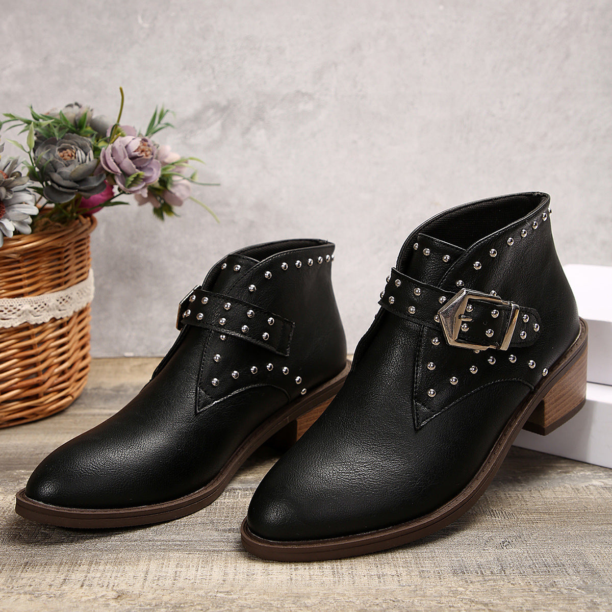 Bottines Clouées Style Western Boucle & Talon Bloc