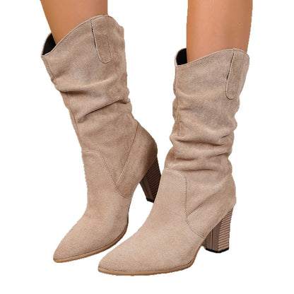 Bottes Hautes Effet Daim Froissé à Talon Bloc