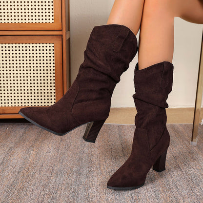 Bottes Hautes Effet Daim Froissé à Talon Bloc