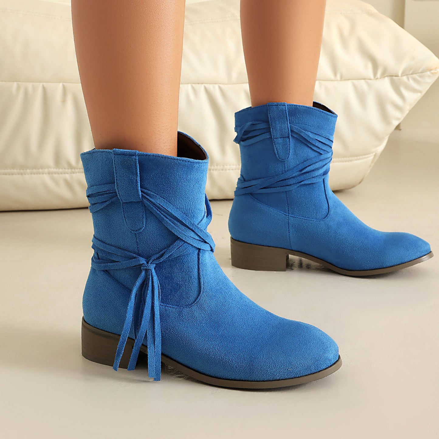 Bottines Daim Franges & Nœud Croisé